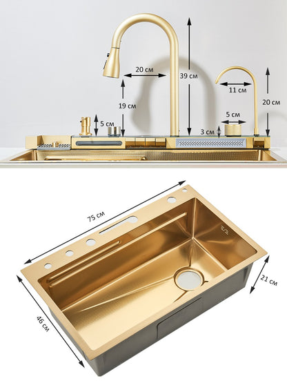 Large 304 Kitchen Sinks 75x45cm Stainless Steel Kitchen Waterfall Sink Digital Display Large Single Sink Dish Washer Faucet