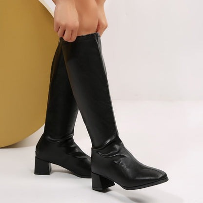 Winter Women Knee High Boots Cosy Soft Leather Thick Heel Shoes Female Vintage Slim Long Booties Zapatos De Muje