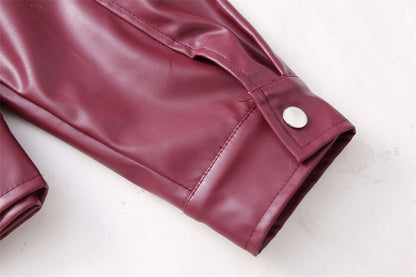 Jaqueta Feminina de Couro Sintético Vermelho Vinho Vintage, Casaco Moderno com Zíper e Lapela, Casacos de Outono Inverno, Blusas Curtas Femininas Estilo Streetwear