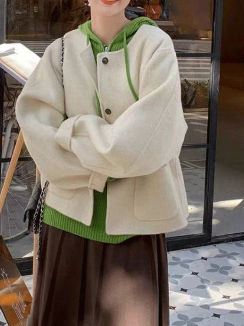 Women's Solid Color Short Style Wool Coat Autumn Winter New Foreign Style Small Fragrance Unique Good-looking Short Suit Coat