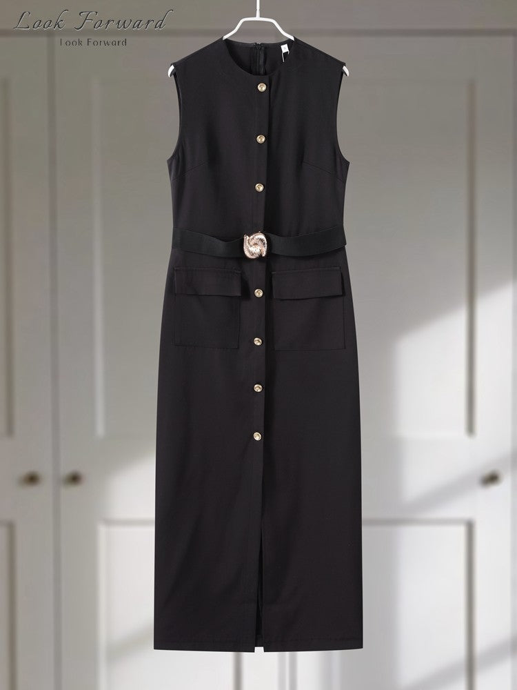Elegant Midi Dress Woman O-neck Single Breasted Sleeveless Pocket Dresses Female
