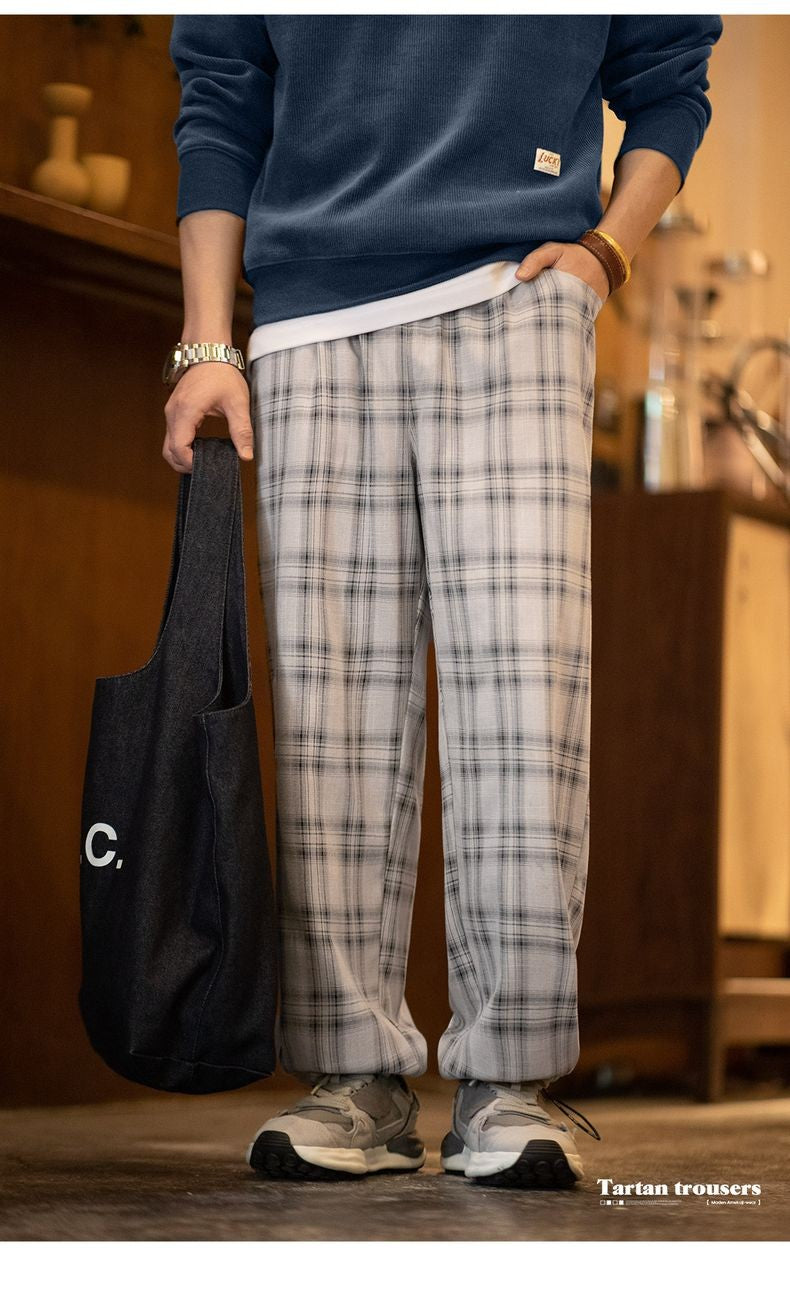 Maden Calça Cargo Xadrez Masculina Vintage Primavera Leve Caimento Solto Cintura com Cordão Calças Retas Casuais Perna Larga