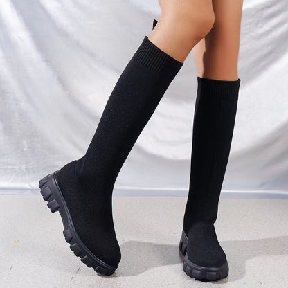 Woman Sock Boots Heels Over The Knee Botas Feminina Woman Long Elastic Botines autumn Winter New Brand Knitting Plush