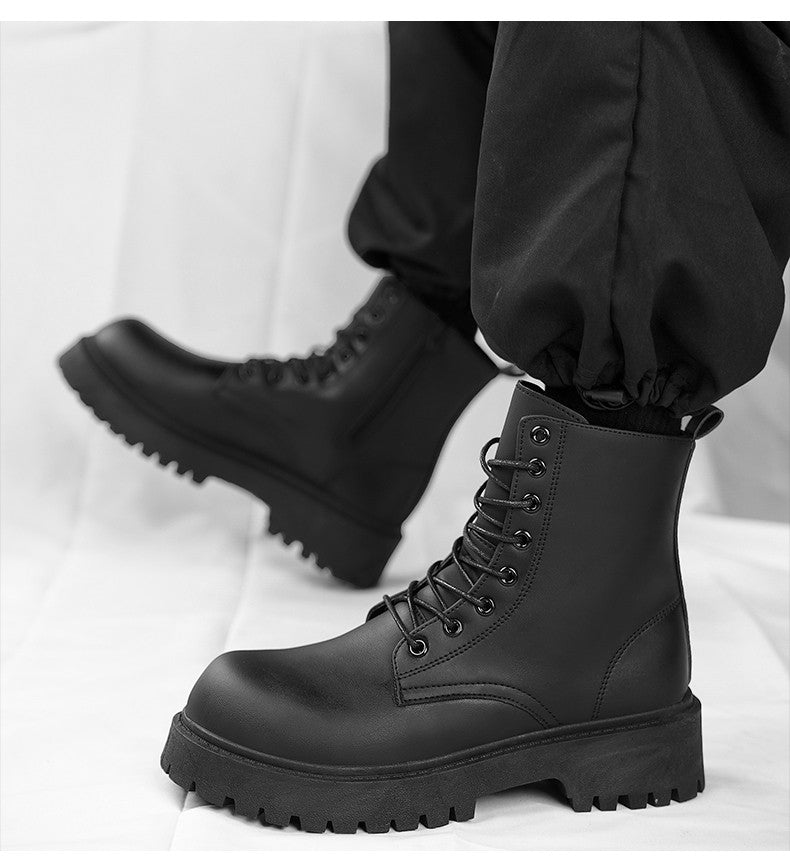 Botas casuais de casal, para quatro estações, masculinas e femininas, de cano alto, em couro, fashion, com sola grossa, antiderrapantes, plus size, para uso ao ar livre