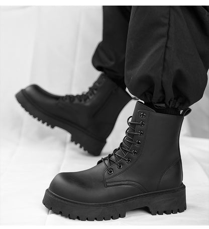 Botas casuais de casal, para quatro estações, masculinas e femininas, de cano alto, em couro, fashion, com sola grossa, antiderrapantes, plus size, para uso ao ar livre