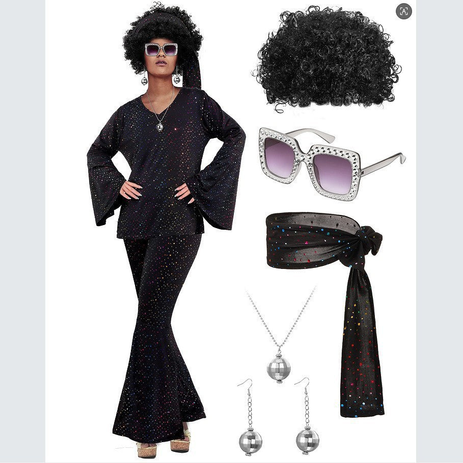 Ladies' Halloween disco party 70s disco costume set, including top, pants, sunglasses, necklace, earrings, and wig, role-playing