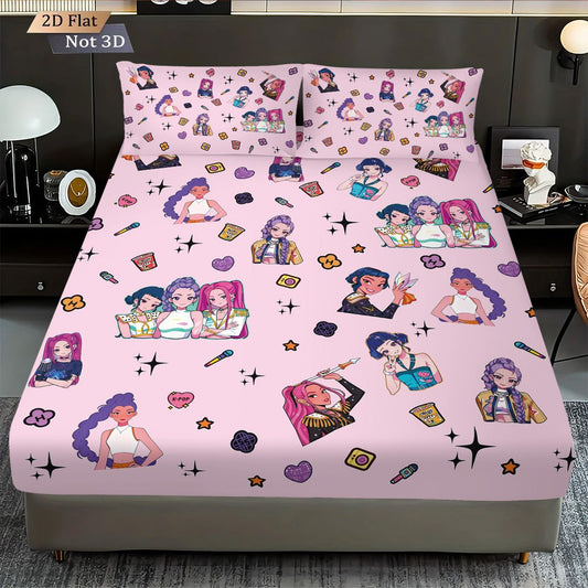3pcs K-Pop Demon Hunters Print coreless fitted sheet Set Multiple Size Bedrooms Dormitory Bedcover Decoration Machine Washable