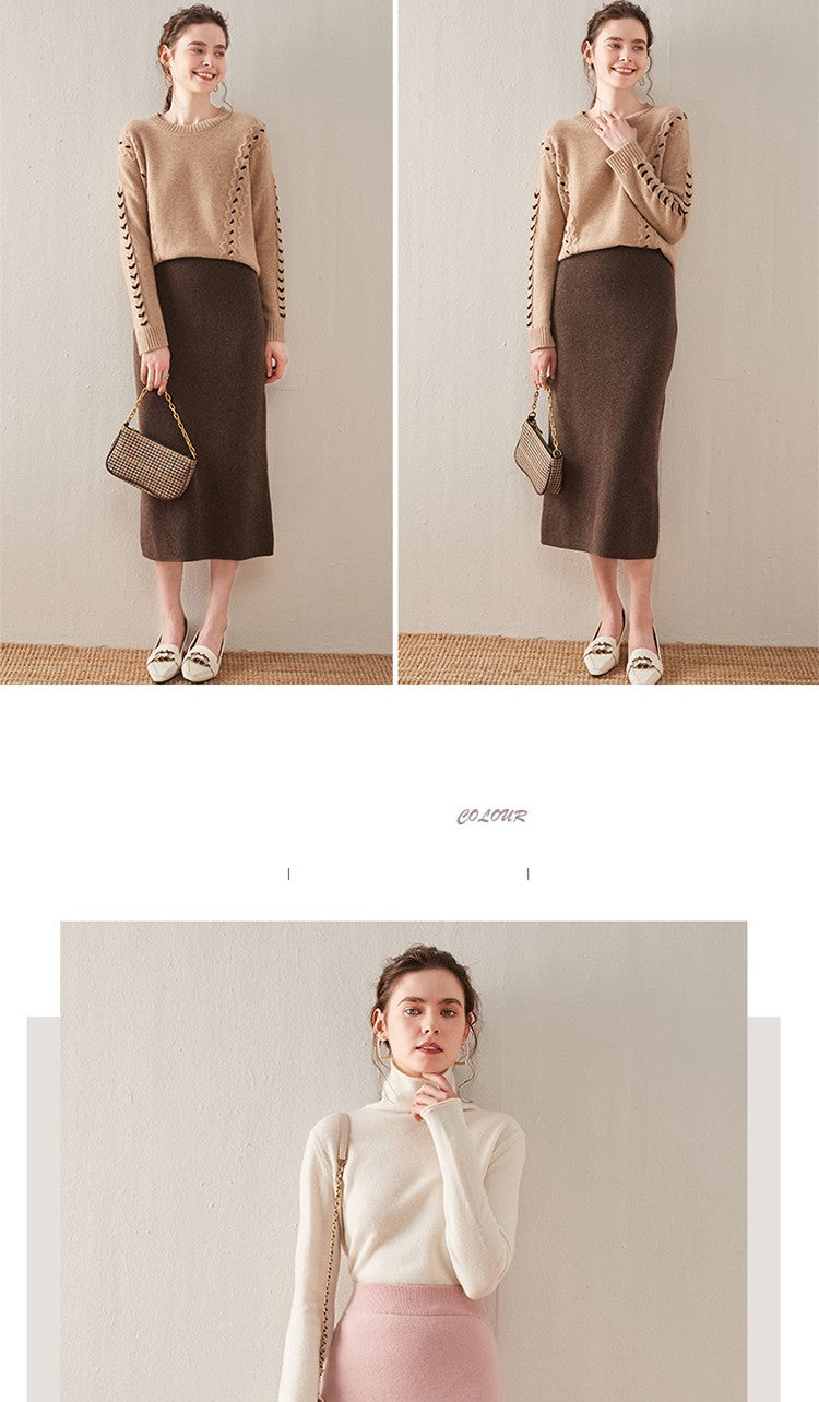 100% pure wool skirt new women's autumn and winter mid-length high-waisted thin cashmere skirt knitted all-match hip skirt