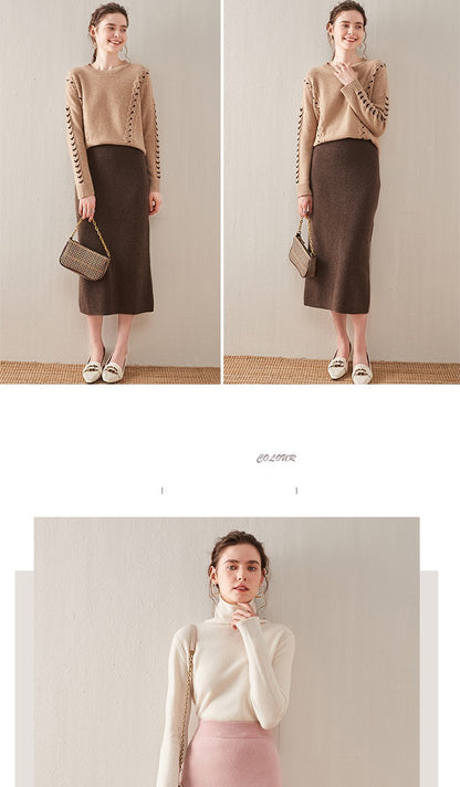 100% pure wool skirt new women's autumn and winter mid-length high-waisted thin cashmere skirt knitted all-match hip skirt