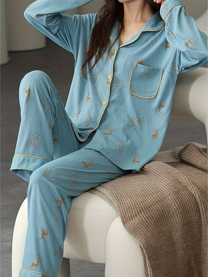 Women's Pajama Set - Long-Sleeve Buttoned Top & Elastic Waist Pants, Autumn & Winter Casual Loungewear