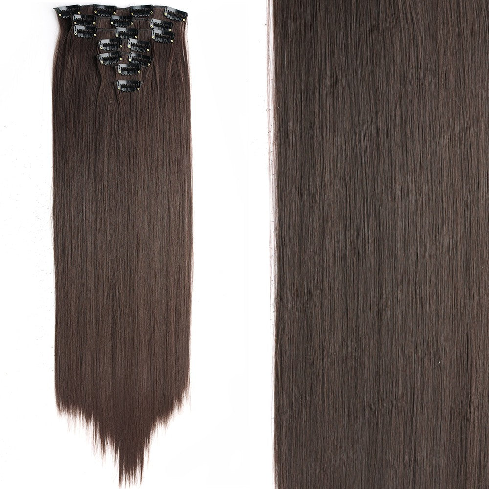 7 peças/conjunto de aplique de cabelo com 16 grampos, preto, longo e liso, cabelo natural, aplique de cabelo ombre, fibra resistente ao calor para penteado feminino