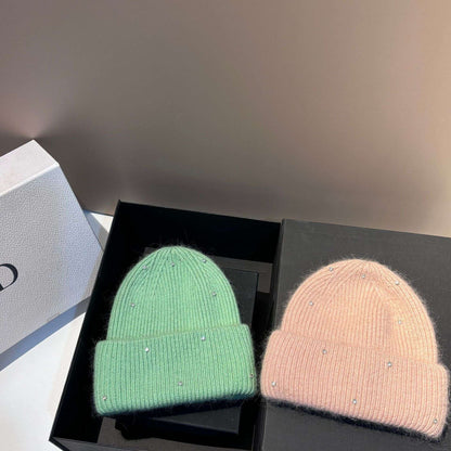 Rhinestone Decor Rabbit Fur Knitted Hat Warm Ear Flap Beanie for Women Luxury Soft Slouchy Cap Face Slimming Design
