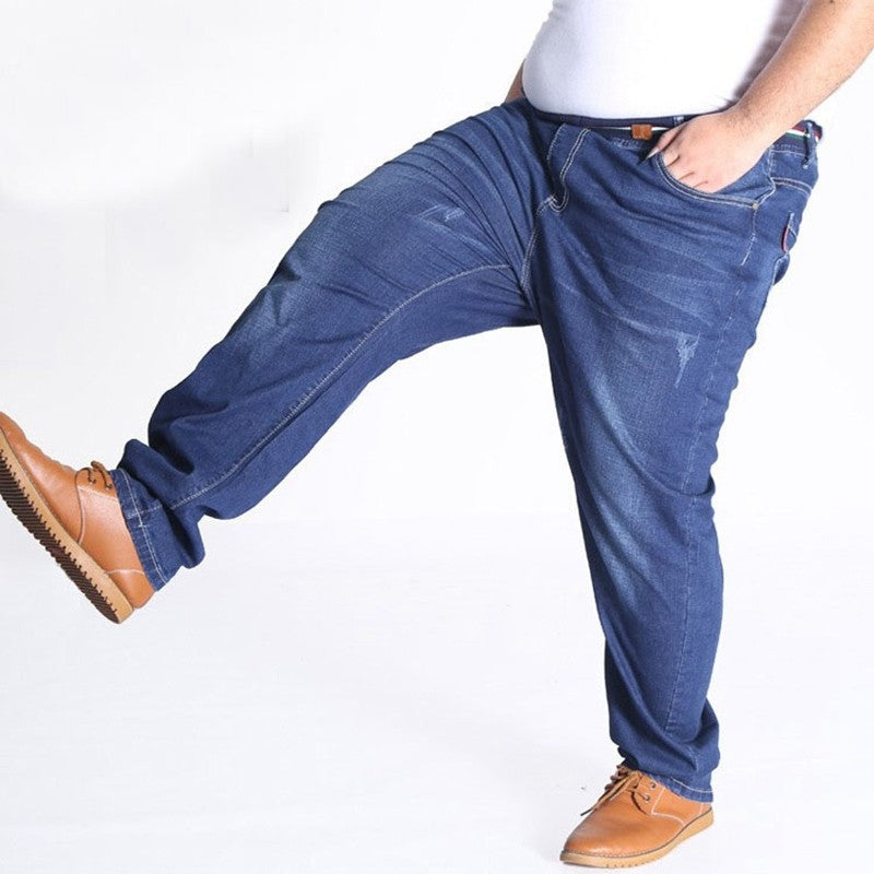 Autumn plus size casual jeans fashion men's pocket elastic waist straight plus size high elastic jeans.