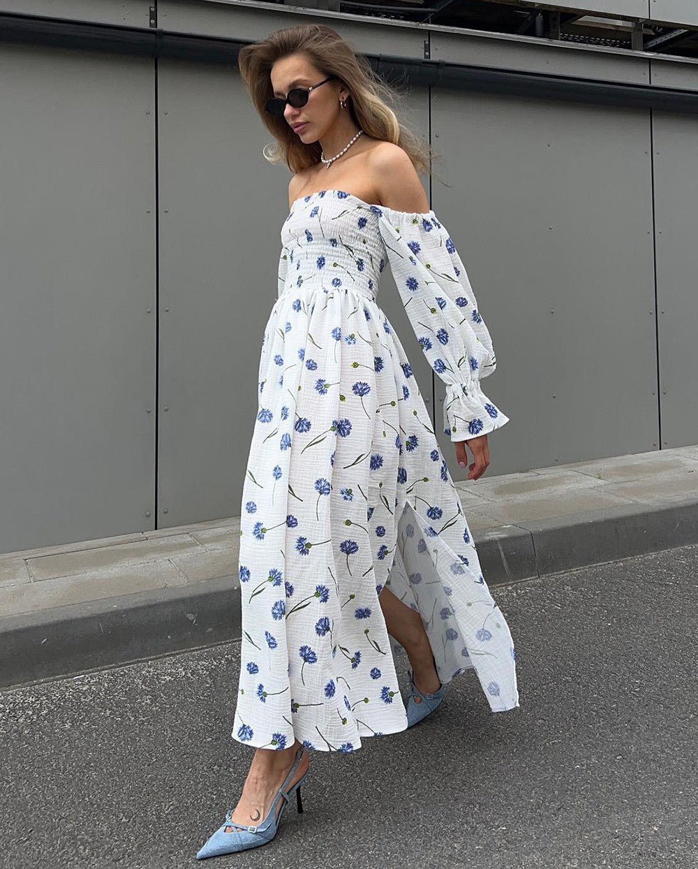 Women's Summer Cotton Dress 100% Elegant Ruffle Midi Floral Print Dress with Sid