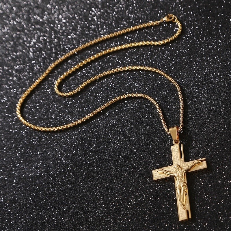Colar Masculino Crucifixo Jesus Cristo Banhado a Ouro Pingente Cruz Religioso com Corrente Joias
