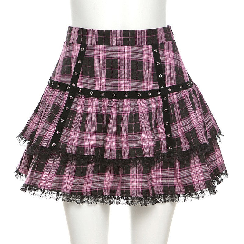 Lolita Cake Mini Skirts Gothic Japanese Harajuku Girls Purple Pink Plaid Pleated Skirt Punk Sweet Lace Kawaii Cosplay Costume
