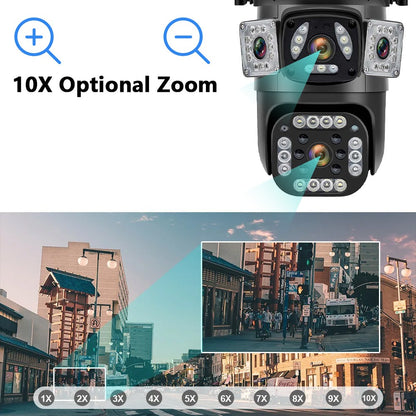 9MP 8K WiFi Camera Outdoor 10X Zoom Three Lens Dual Screen PTZ Waterproof Surveillance Security Video Street Camera