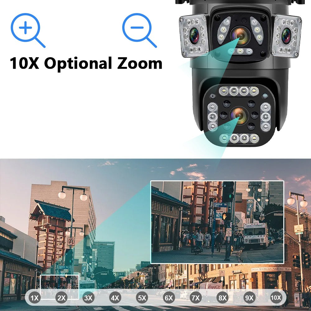 9MP 8K WiFi Camera Outdoor 10X Zoom Three Lens Dual Screen PTZ Waterproof Surveillance Security Video Street Camera