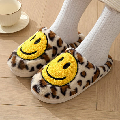 Leopard Fluffy Slippers for Home Smile Designer Platform Shoes Women 2025 Indoor Plush Sliders Warm Flats Chic Winter Footwear