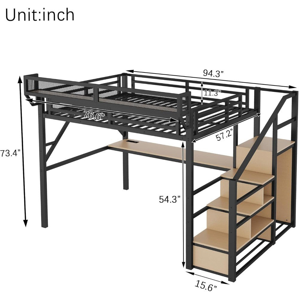 Cama Alta Gamer com Escadas e Escrivaninha, Estrutura de Cama Alta de Metal com Prateleira Lateral e Luz, Camas Altas para Adultos Reforçadas