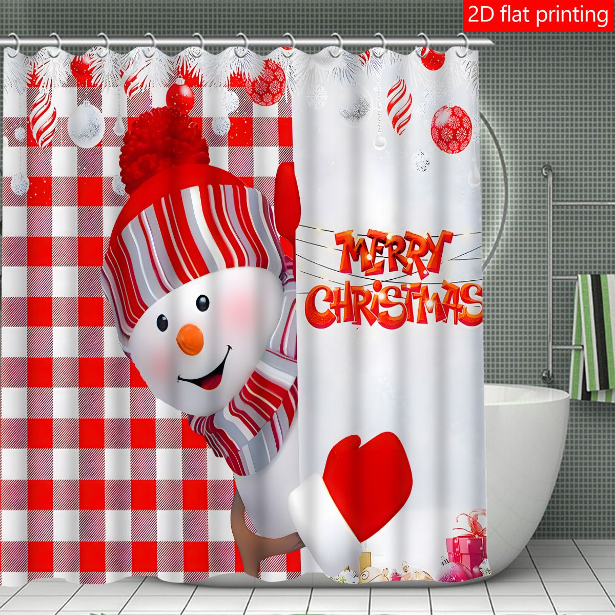 4pc Christmas red checkered snowman bath curtain, bath curtain waterproof fabric bathroom decorative curtain with 12 hooks, anti