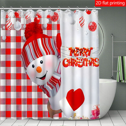 4pc Christmas red checkered snowman bath curtain, bath curtain waterproof fabric bathroom decorative curtain with 12 hooks, anti