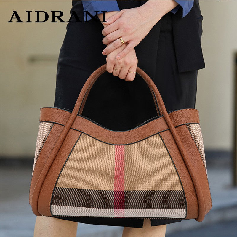 Aidrani  2025 New retro checkered women's handbag, large capacity luxury bag, canvas genuine leather bag