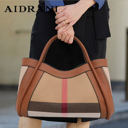 Aidrani  2025 New retro checkered women's handbag, large capacity luxury bag, canvas genuine leather bag
