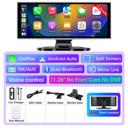 Câmera veicular 4K de 10/11,26 polegadas DVR automotivo sem fio Carplay e Android Auto Navegação GPS Gravador de vídeo Painel de controle Lente dupla Wi-Fi FM AUX