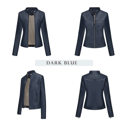 Black Women's Fitted Leather Jacket with Front Zipper & Side Pockets?, Available in Brown, Navy Blue, and Beige.