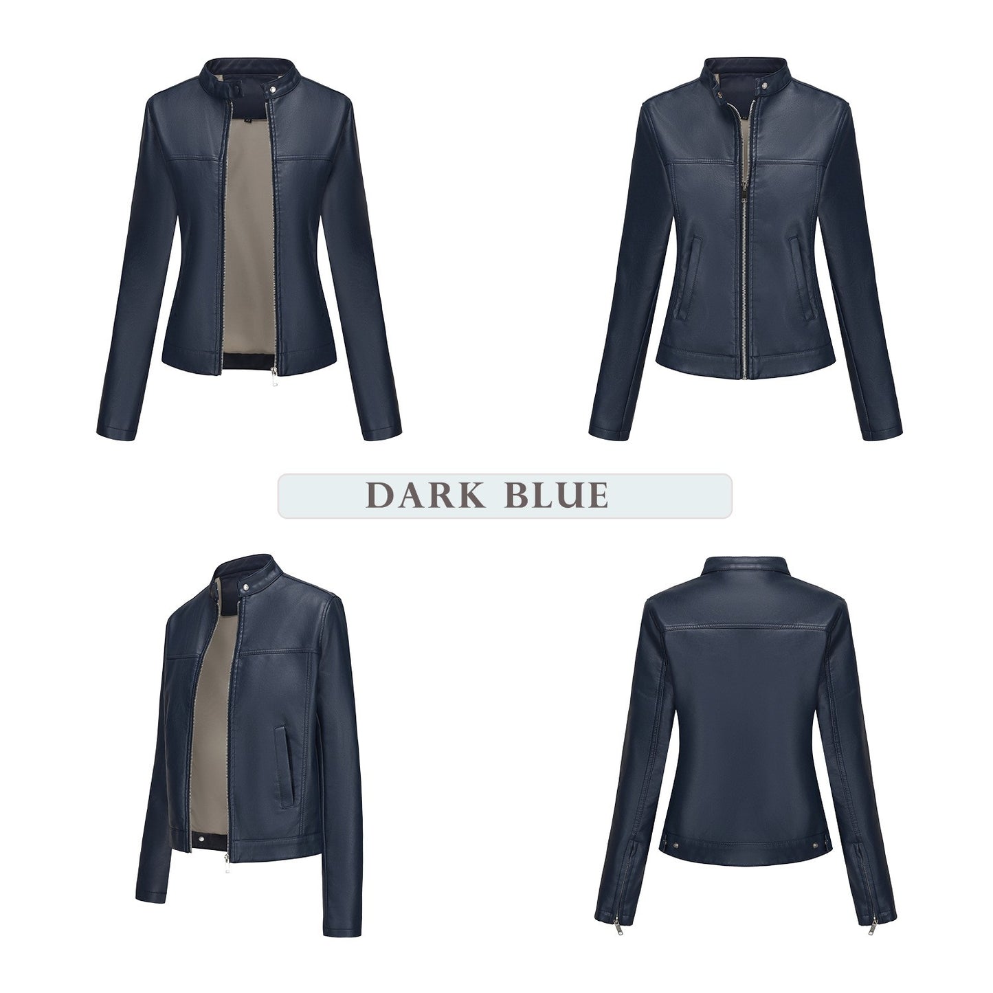 Black Women's Fitted Leather Jacket with Front Zipper & Side Pockets?, Available in Brown, Navy Blue, and Beige.