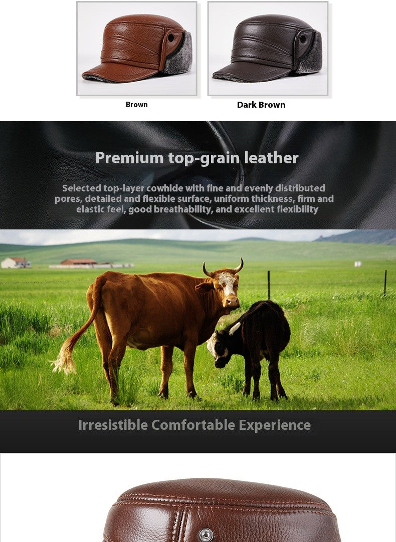 Men's Genuine Leather Duckbill Hat Winter Thickened Warm Outdoor Earflap Cotton Cap Elderly Real Leather Hat Cowhide Warm