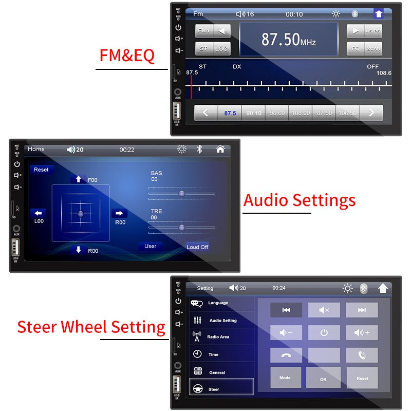 Rádio Automotivo 1 Din 7" MP5 Multimídia Tela de Toque HD Universal Autorádio ISO Entrada Auxiliar USB BT Espelhamento de Tela