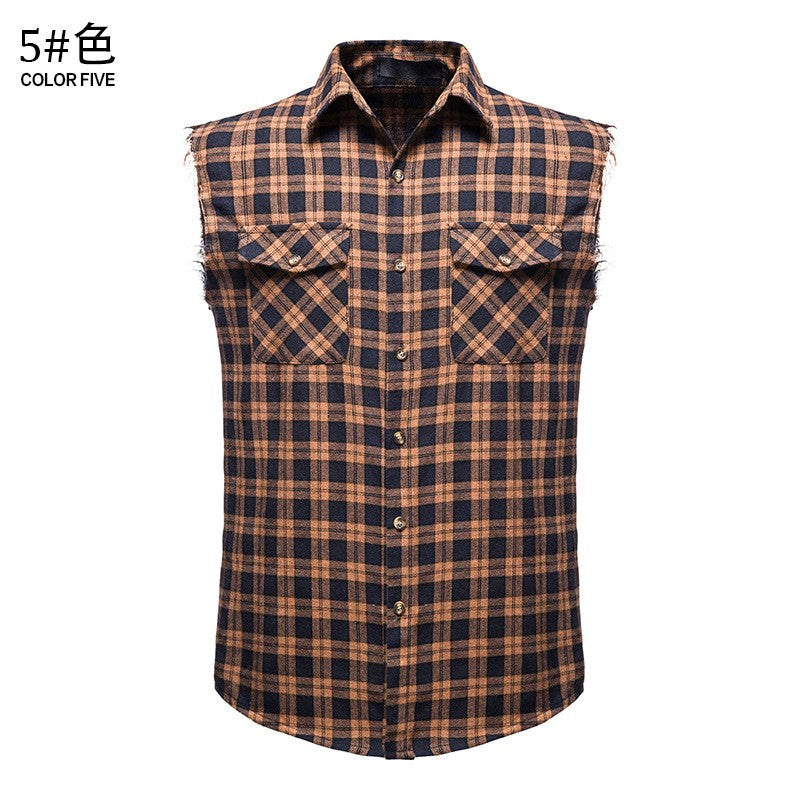 Men's Casual Flannel Plaid Sleeveless Shirt New Double Pocket Cowboy Button Down Shirts Men Cotton Plus Size Vest Checkered Top