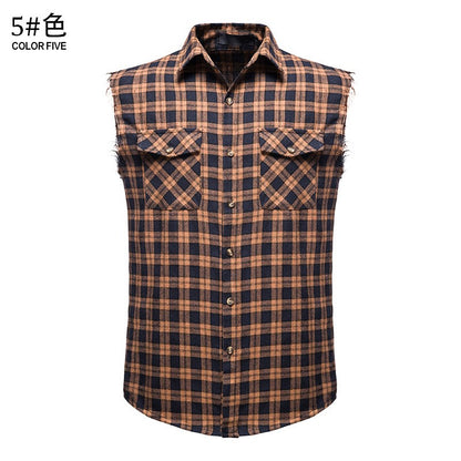 Men's Casual Flannel Plaid Sleeveless Shirt New Double Pocket Cowboy Button Down Shirts Men Cotton Plus Size Vest Checkered Top