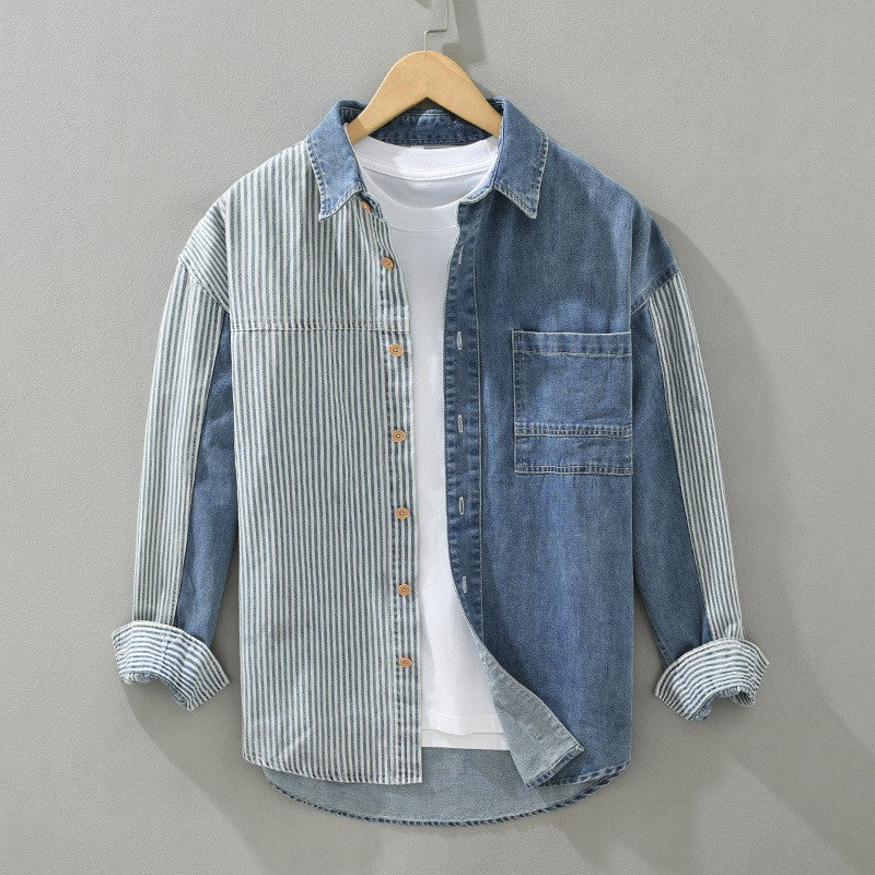 New Men's Denim Shirts Spring Streetwear Long Sleeve Jean Tops Slim Stripe Patchwork Design Cowboy Shirt Youth Fashion Overshirt