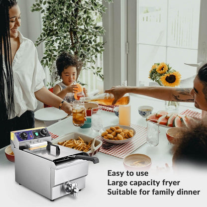 Commercial Electric Deep Fryer 11.7L 1500W Fryer w/Time Control and Oil Filtration Single Removable Basket Stainless Steel