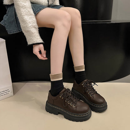 Womens Derby Shoes Autumn British Style Female Footwear Loafers With Fur Round Toe Clogs Platform Casual Sneaker Leather Fall Pr