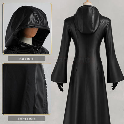 HOLOUN Organization XIII Cosplay Costume Game KH Convention Halloween Christmas Black Hooded Faux Leather Coat Necklace Gloves