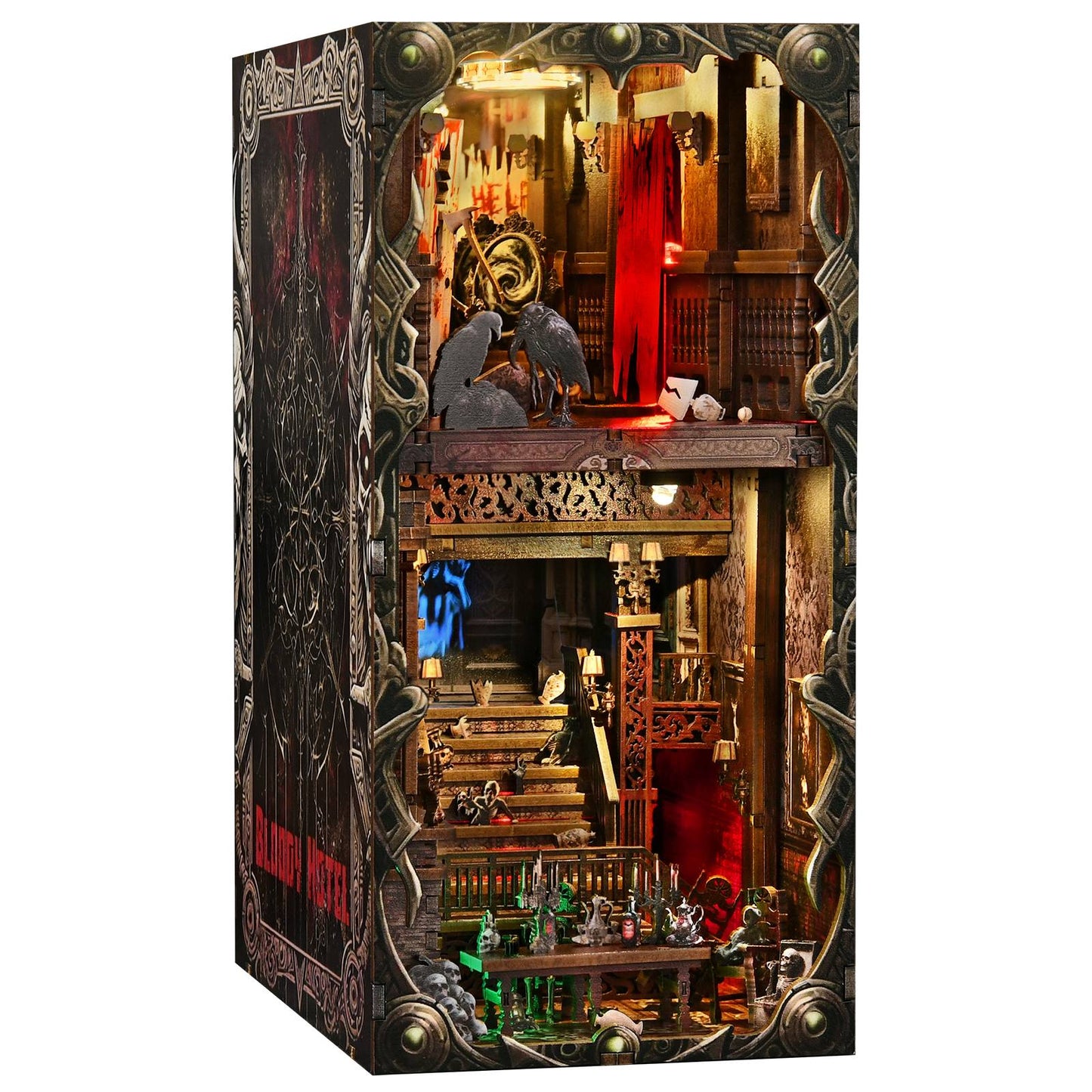 DIY Book Nook Kit Hotel of Terror Wooden Bookshop Dollhouse with Light Dynamic Video Bookshelf Insert 3D Puzzle Decor for Gift