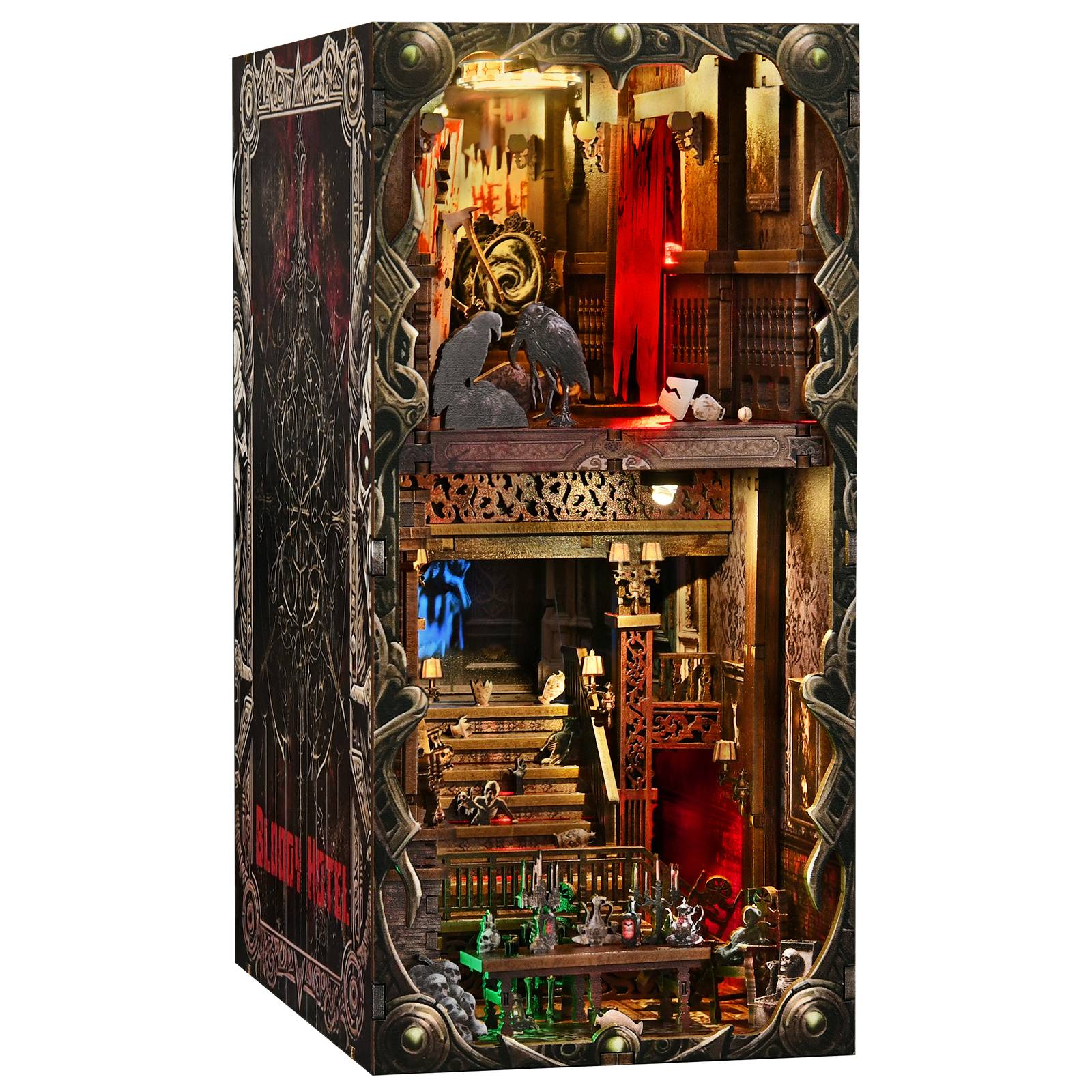DIY Book Nook Kit Hotel of Terror Wooden Bookshop Dollhouse with Light Dynamic Video Bookshelf Insert 3D Puzzle Decor for Gift