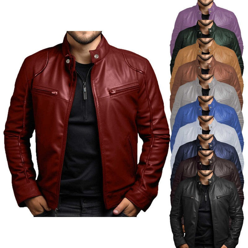 New Men's Business Leather Jacket for Autumn and Winter, Fashionable Stand Up Collar Casual Leather Jacket for Men