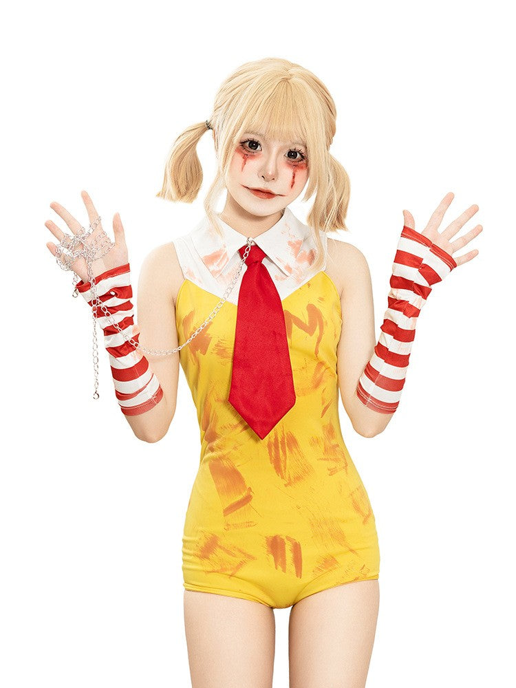 Women Halloween Funny Clown Girl Cosplay Jumpsuit Complete Accessory Set Ladies Party Roleplay Costume Cute Carnival Slim Outfit