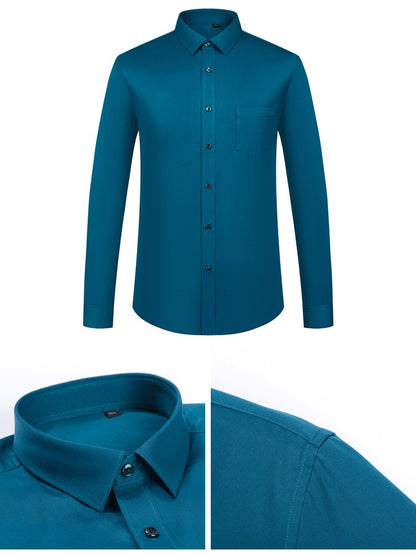 Men's Sleek Stretch Long Sleeve Button Up Shirts with Chest Pocket, Solid Color Formal Business Wrinkle Free Menswear Clothing