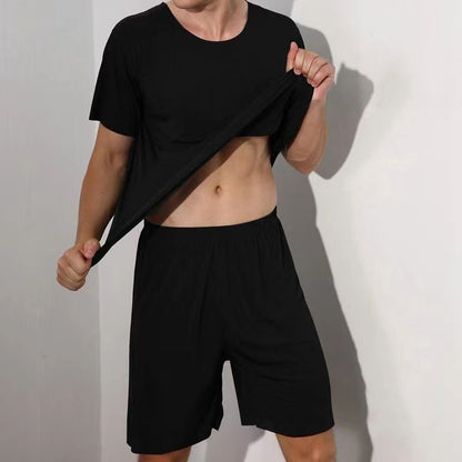 Large Size Men Pajamas Set Ice Silk Sense Round Neck Solid Colour Short Sleeve T-Shirt Student Short Sleeve Shorts Two-Piece Set