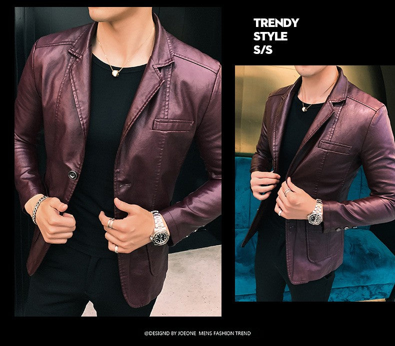Spring/Autumn Leather Jacket - Plus Size Men's Youth Suit Collar Business Casual Leather Jacket European Sizes XS-3XL