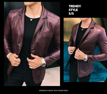 Spring/Autumn Leather Jacket - Plus Size Men's Youth Suit Collar Business Casual Leather Jacket European Sizes XS-3XL