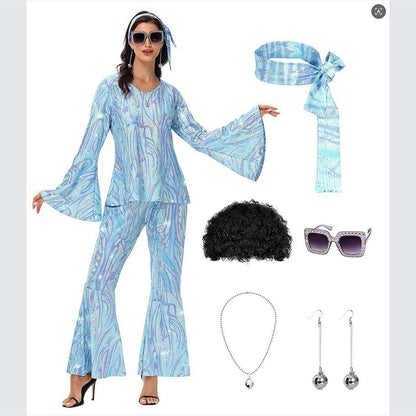 Ladies' Halloween disco party 70s disco costume set, including top, pants, sunglasses, necklace, earrings, and wig, role-playing