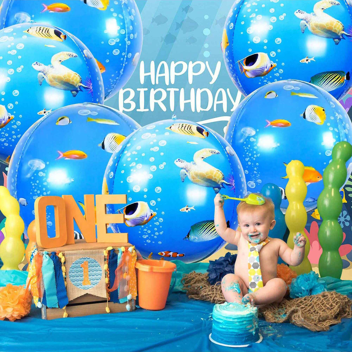 6pcs 22 Inch Round 4D Ocean Birthday Sea Turtle Mylar Balloons Ocean Mermaid Theme Party Sea Animal Birthday Party Balloons