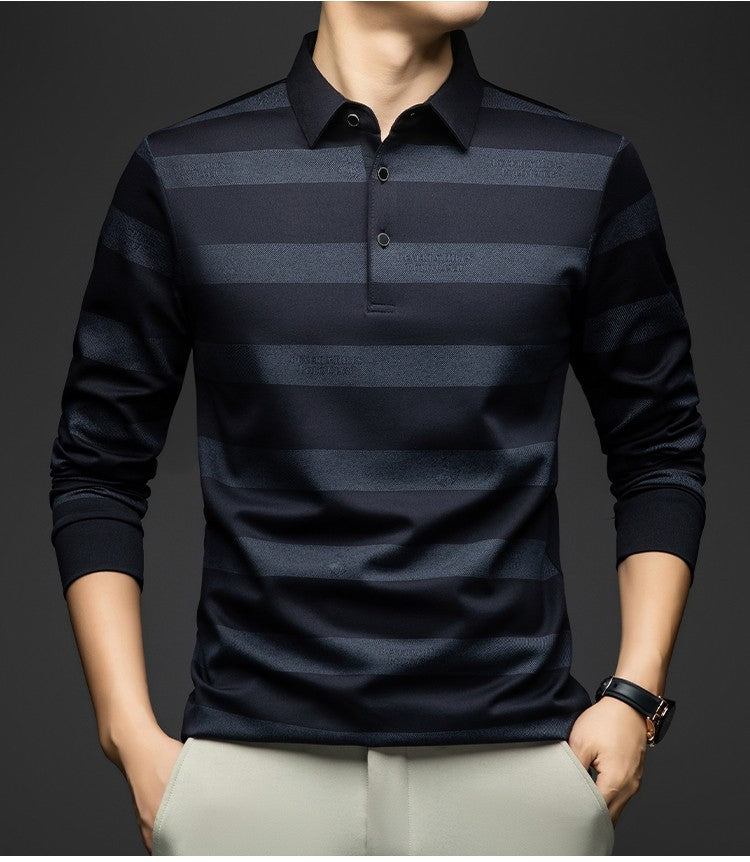BROWON Elegant Mens Polo Shirts 2025 Spring Autumn Long Sleeve Lapel Collar Big Striped Pattern T-shirt Male New in Tops & Tees
